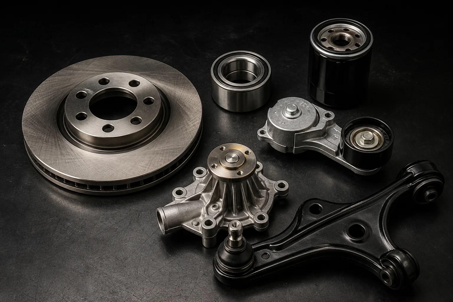 Precision automotive service parts arranged on a dark workbench