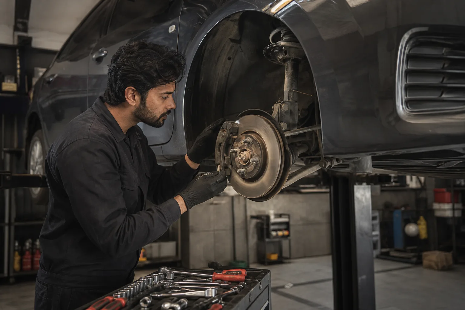 Pakistani automotive technician inspecting a car's brake and suspension assembly